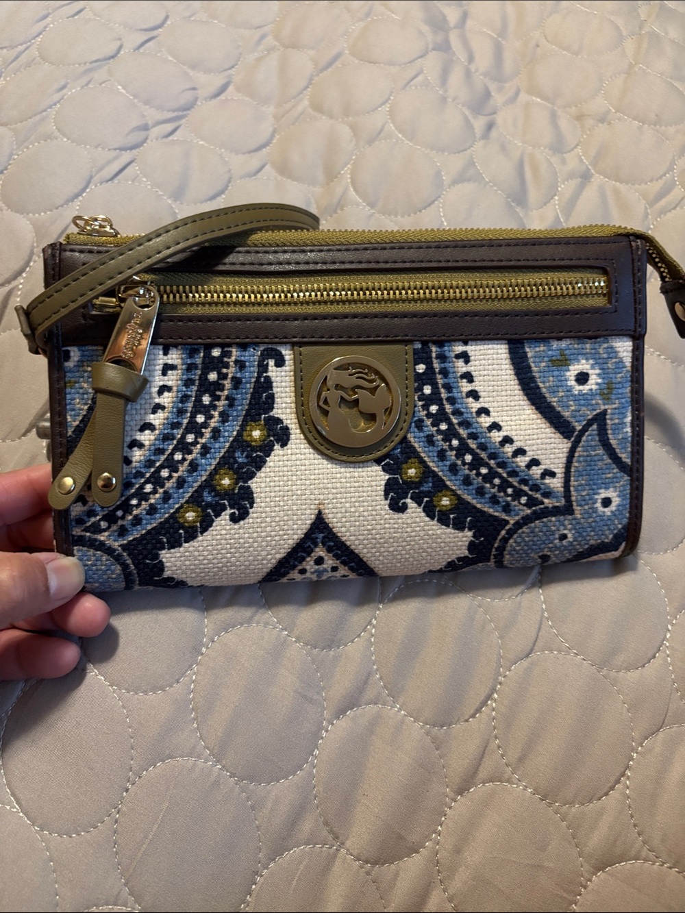 Spartina 449 Blue, Cream & Olive Patterned Wristlet Clutch